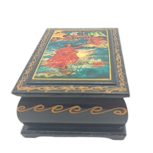 Boyarinoff Russian Trinket Tea Box Posiden Scene Lacquered Wood EUC 3.5" X 2.5"‎ - Picture 2 of 12